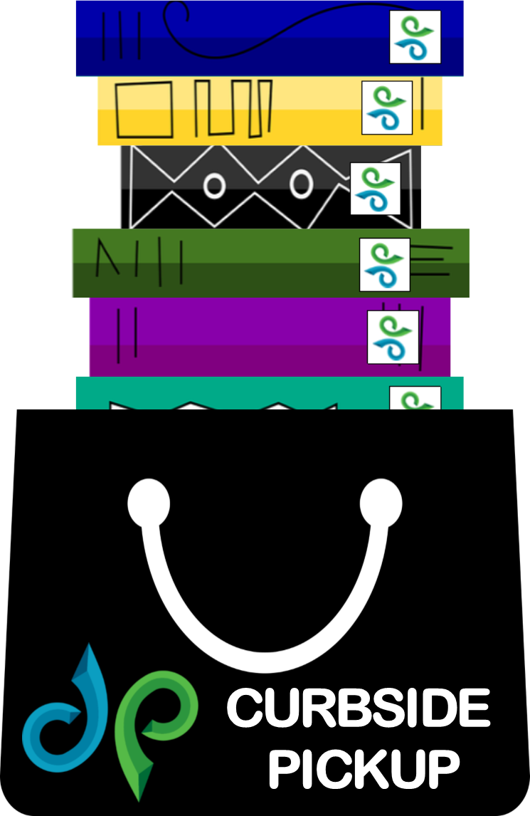 cartoon image of bag, labeled "curbside pickup" with the DPL logo, filled with books.