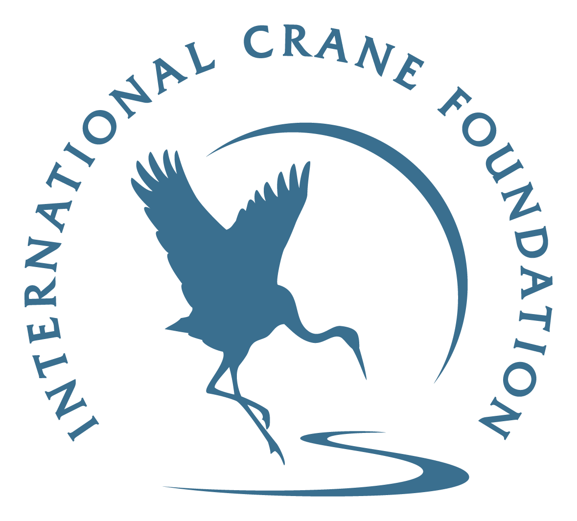 International Crane Foundation Logo of crane bird in silhouette in motion with the text International Crane Foundation