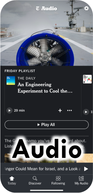 Smart phone showing audio playback of a NYTimes podcast superimposed with the word 'AUDIO'