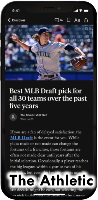 Smart Phone with image of baseball player & headline "Best MLB Draft pick for all 30 teams over the past five years" superimposed with 'THE ATHLETIC'