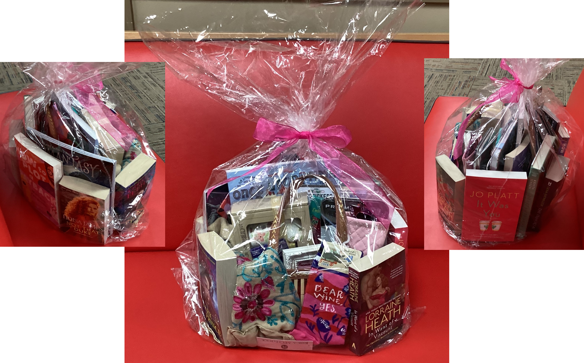 Images from 3 angles of the same gift basket, including books and more